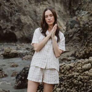 Morrow Soft Goods 100% Linen Esme Plaid Shirt and Shorts Set size Small